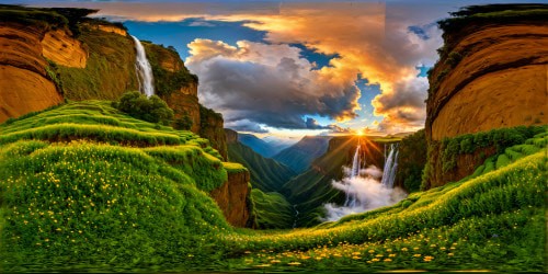 A flawless, ultra-high-resolution depiction of the enchanting Ethiopian highlands; rolling terraces of emerald green, majestic waterfalls, towering cliffs kissed by a golden sunrise, fields ablaze with wildflowers, and swirling, dramatic clouds in an absolute masterpiece of nature's grandeur.