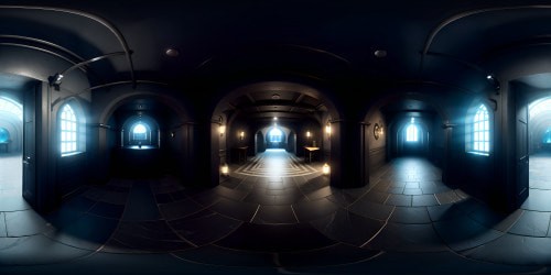 Ultra high res VR360 masterpiece, prison panorama in noir aesthetic. Sharp contrast lighting, gothic ambiance. Stone archways in oppressive view, sturdy iron bars, cobblestone wall textures. VR360 perspective of confinement. Ultra-realistic with masterpiece quality, shadow depth and detail.