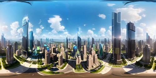 VR360 apex viewpoint, towering metropolis, skyscrapers miles high, mighty glass facades. Diverse architectural spectacle, VR360 panorama, urban grandeur, shifting perspective upward. Ultra-high res masterpiece, mirrored light reflections. Photorealistic rendering, precision detail, textured finishes.