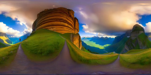 VR360 view of voluptuous mountain ranges, high-resolution textures, smooth gradients on peaks. Highlight: lavish, intricate detailing, reminiscent of a masterpiece painting. Immerse in VR360 quality akin to ultra-HD surreal art.