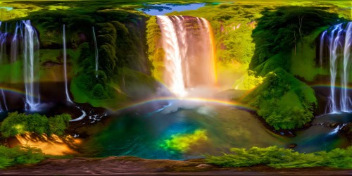 A cascading waterfall surrounded by lush, verdant foliage, striking rainbow hues reflected in shimmering waters, under an enchanted moonlit sky, crystal-clear stardust dancing in the gentle mist.