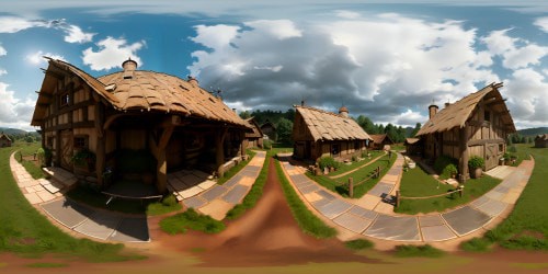 Rustic barn, timbered, mossy roof tiles, detail-crafted in Pixar-style. Haystacks, variety of farming tools. Rainfall, captured in mid-motion, enhancing VR360 ambiance. No animals, expansive, rural skies, cloud drama, weathered barn under gentle downpour, creating a cozy VR360 panorama. Ultra-high resolution, 3D depth vividness, exceptional detailing.