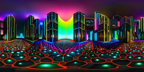 Ultra high-res neon cityscape, intricate hexagonal architecture, vibrant spectrum of colors, pixelperfect 3D realism, flawless 4K display, VR360 masterpiece. VR360 dynamic visuals, breathtaking high quality.