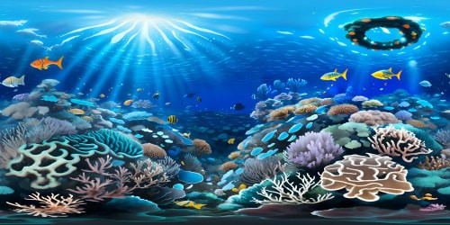 Ultra high-res masterpiece, vibrant coral reef VR360 scene, glimmering fish schools, pulsating bioluminescent flora, luminescent anemones, enticing aquatic haven, labyrinthine sunken ruins. VR360 viewpoint. Radiant color gradients, PIXIAR-style artistry. Infinite ocean blues, shimmering sea bed, smooth hue transitions.