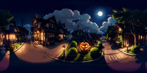 Masterpiece-quality VR360, ultra-high-resolution, Zootopia-themed Halloween scene. Moonlit cityscape, pumpkin-lit streets, whimsical building silhouettes, spooky yet endearing atmosphere. Pixar-style.