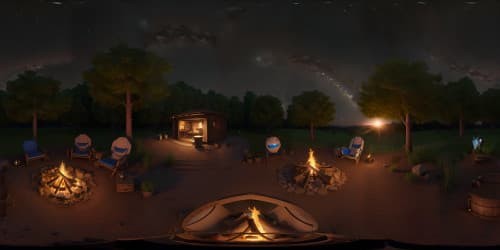 camp fire in woods surrounded by fire flys  on a stary night