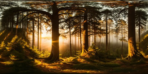 A perfect, flawless dawn forest with golden sunlight filtering through misty, dew-kissed branches, atmospheric haze surrounding elegant tree limbs in high-resolution detail.