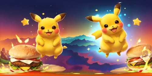 fluffy Pikachu holds a cheese hamburger in its hand