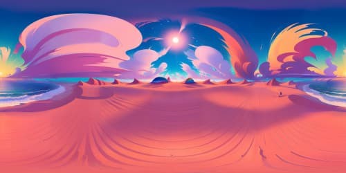 Masterpiece quality VR360, ultra high-resolution beach, vibrant sunset hues. Glowing horizon, tranquil azure waters, pristine sandy shoreline. Surrealist style, captivating, kaleidoscopic colors of dusk.