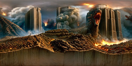 Massive, towering cityscape devastated by colossal Godzilla, intricately detailed skyscrapers crumble, billowing smoke, flickering fires, epic destruction under a moody, stormy sky, 8K HDR rendering capturing every explosive detail.