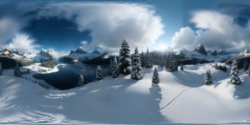 Masterpiece VR360 scene, Ultra-high-res visuals, Snow-capped peaks, Crystal-clear frozen lakes, isolated pine trees dusted with first snow, gentle snowflakes tumbling from the sky, VR360 in Blizzard style.