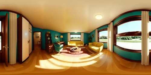 VR360: vintage wallpaper patterns, mid-century furniture, rotary dial phone, vinyl record player. VR360: kitschy table lamps casting soft glow, antique mirrors reflecting endless views. Style: retro realism, high-res, meticulous detail, bold color contrasts, enhanced textures.