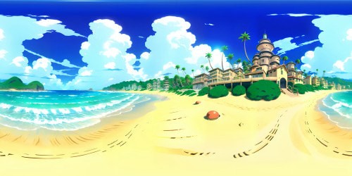 VR360: perfection personified, beach locale, ultra HD. Sand kissed shores, glistening waves, gently swaying palm trees, azure sky. Panoramic Pixar-style, vibrant colors, hyper-real textures, sunlit brilliance. VR360: immersive, pristine beach escapade.