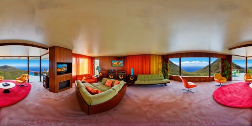 Impeccably detailed, flawlessly recreated living room of "The Brady Bunch" in ultra high resolution, with retro furnishings, vibrant colors, iconic sunken living room, groovy wallpaper, shag carpet, lava lamp, and mid-century charm.