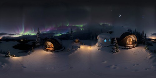 Luxurious glamping dome, minor focus, interior warmth radiating, VR360 fireplace. Ultra HD VR360 view, expansive aurora skies, shooting star wonders. High-res borealis spectacle, intense color shifts. Fresh snowfall, enriching outside view, Pixar-style animation. Masterpiece quality, maximum detail, cozy immersive VR360 experience.