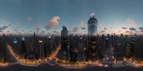 Ultra high-res VR360, New York City streetscape masterpiece, gleaming skyscrapers, vibrant neon, diverse architectural styles. Minimal foreground, focus on panoramic skyline, stunning evening glow. Style: hyperrealistic digital painting.