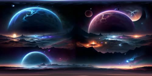 Masterpiece VR360, ultra-high resolution, cosmos teeming with planets. Diverse celestial bodies, vibrant hues, surreal details. Stylized rendering, accentuated textures, fantasy-inspired style. Noteworthy VR360, awe-inspiring expanse.
