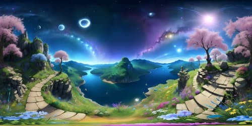 Masterpiece VR360 scene, ultra high resolution, breathtaking visuals, cascading waterfalls, cosmic nebulas, medieval castles, towering giant trees, vibrant bioluminescent flowers, ethereal lighting, Pixar-style