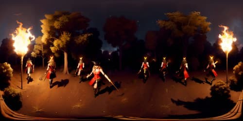 FOUR AFRICAN AMERICAN AMERICAN WOMEN WEARING RED LEOTARDS AND THIGH HIGH BOOTS' THEY ARE WITCHES. ONE HAS DREADLOCKS. ONE WITCH IS CARRYING A FLAMING TRIDENT. THEY ARE RUNNING IN A DARK FOREST.