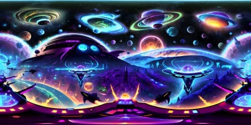 Ultra-high resolution, VR360 masterpiece, Rick and Morty style, iconic spaceship interior, vibrant color contrasts, bizarre alien planets in view, cosmic swirls, galaxies scattered, neon-infused palette, psychedelic planetary rings, grand VR360 cosmic display.