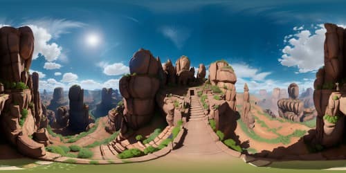 Conan-inspired fantasy, quality at its zenith, ultra high-res visuals. VR360 view: rock-hewn castles, mighty flora, colossal mountains, sky ablaze with fiery hues. Artistry: Illustrative, bold lines, vibrant colors, intricate detailing. Merge of traditional Conan art, VR360 panoramic scope.