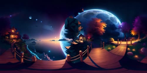 Masterpiece quality, ultra high-resolution VR360, hint of a playful monkey silhouette subtly etched on the moon, illusion of swinging on a celestial cane, delicate moonlight's reflection rippling on serene water surface, Pixar-style