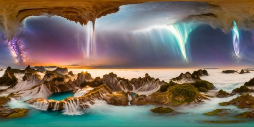 A breathtaking fantasy landscape with cascading waterfalls, towering crystal formations, glowing bioluminescent flora, vibrant floating islands, and a mesmerizing sky filled with swirling galaxies, all rendered in perfect detail in stunning 8K resolution, akin to a digital art masterpiece.