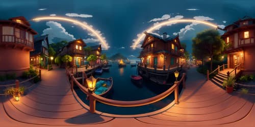 fishing village by the bay at night with neon lanterns skyview