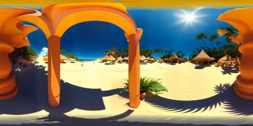 Masterpiece-style, ultra-high-res VR360 view. Hot, sunkissed sand underfoot, gentle waves caressing shoreline. Tropical palms, brief swim trunks waving in delicate breeze. Smiles, radiating warmth, omnipresent sun high in azure sky. Picasso-inspired forms, saturated hues. Immersive VR360 narrative in the realm of visual art.