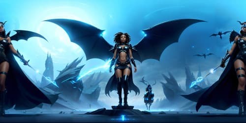 black female sorceress riding a winged dragon spitting ice shards in a fantasy landscape. the sorceress holds a flaming staff. one sorceress is african american with dreadlocks. 