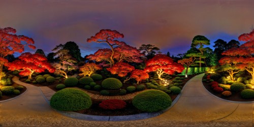 Expansively panoramic Edo period Japenese garden at night, with cozy warm toned glowy lighting. Emaculately detailed landscaping. Deep warm toned color palette, with deep reds, magentas,browns, deep orange-yellow tones. Warm feverish aesthetic.