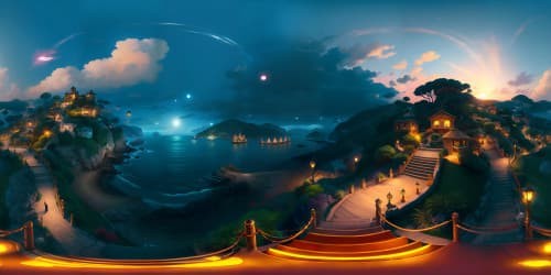 coastal village by the bay open ocean view at night with lanterns skyview