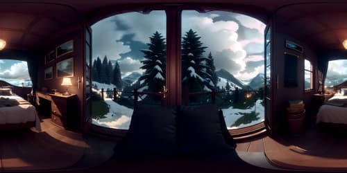 Ultra high-res VR360 masterpiece, Yennefer from Witcher 3, 3D realist style. Intimate bedroom setting, maximum detail, charm element. Stunning skybox vista from window, cold moonlight. Focal point, Yennefer, on the periphery, not obstructing VR360 view.