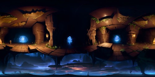 Masterpiece, VR360 view of immense, shadowy cavern, emphasis on vastness. Deep, tangible abyss, stalactites overhanging grandly. Ultra high-resolution VR360, submerging in sprawling underworld, surreal art style. Incandescent minerals embedded in walls, mimicking moonlight, sustaining mystical cavern aura.