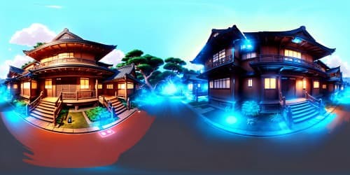 Japanese-style house, Naruto and Sasuke, ultra-high resolution. VR360 view, traditional architecture, ornamental elements. Balanced blend of anime and realism, capturing the essence of Naruto's world. VR360 scene, infused with rich colors, striking contrasts.