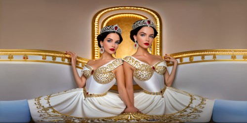 A flawless, high-resolution depiction of two regal adult princesses elegantly adorned in white bikinis, gold hoop earrings, and vibrant red lip gloss, each with mesmerizing blue eyes and striking black hair, captured in powerful, dynamic postures of grace and allure, their arms raised in a unison of majesty and allure, their flawless skin glistening like fine porcelain under a golden light, a true masterpiece of royal enchantment.