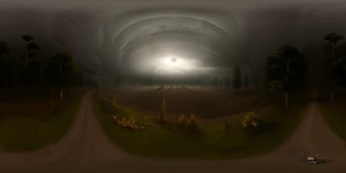 Ultra high-resolution VR360, masterpiece of Silent Hill inspired ambiance, misty landscapes, thick fog, decaying structures, ominous sky overrun by dark clouds. Style: photo-realistic with a touch of horror, eerie glow from the moon. 