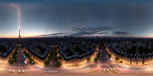 Paris France skyline at night, best quality, ultra high res, mesmerizing city lights, VR360 panoramic view, majestic Eiffel tower silhouette, starlit sky, seamless blend of classical architecture, modern skyscrapers