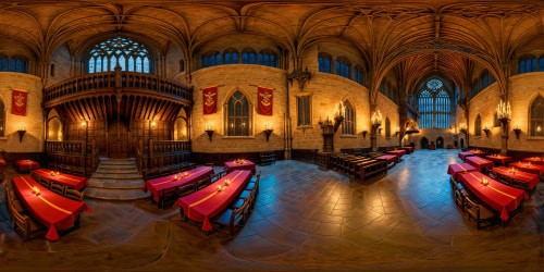 Impeccable great hall of Gryffindor in the majestic Hogwarts Castle, ultra-realistic environment with iconic details from Harry Potter, including the enchanted ceiling, house banners, flickering torches, and intricately carved wooden tables and chairs.