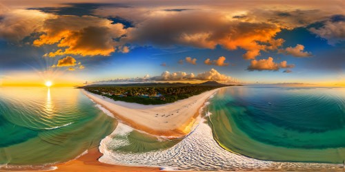 A flawless tropical beach at sunset, with pristine golden sands glistening, crystal-clear waters reflecting the vibrant orange sky, palm trees casting long silhouettes, seagulls gracefully soaring, and gentle waves rhythmically caressing the shore - a masterpiece captured in ultra high resolution.