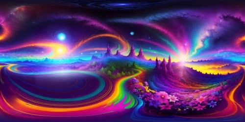 Masterpiece sky view, VR360, ultra-high-res, infinite psychedelic nebulae. VR360 landscape, endless psychedelic floral expanse. Restrained foreground, richness in background and mid-ground, enhanced color depth.