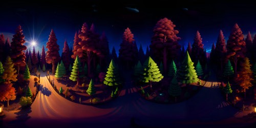 Masterpiece forest, ultra HD quality, robust towering trees, twinkling starry canopy. VR360 panorama of celestial spectacle, luminescent constellations. Fantasy art style, vibrant color contrasts, painterly detailing. Night-time forest, VR360 star-studded sky view.