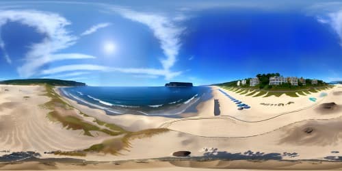 VR360 beachfront view, ultra-high-res, impressionist color wheel. Scattered sand grains, pebbles, driftwood forefront. Infinite azure sea panorama, glistening under midday sun. Horizon kissing sky afar, Monet-inspired light dance on water. Foreground finesse, vast ocean canvas, masterpiece in VR360.