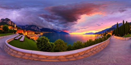 A flawless, ultra-high-resolution rendering of Riva del Garda's lakeside promenade at twilight atop a luxury hill, showcasing a serene, pastel sunset with a beautiful purple horizon, as an ominous autumn thunderstorm approaches in the distance, creating a stunning masterpiece of unparalleled quality.