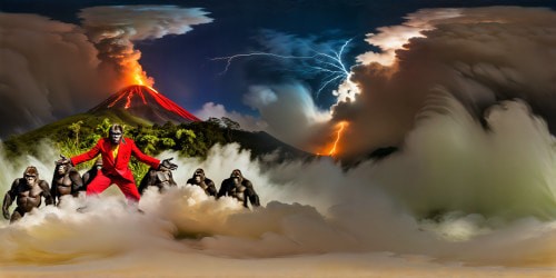 A grand spectacle unfolds at the foot of a brooding volcano: cats and gorillas donning Joker costumes amidst swirling mist, vibrant colors, and crackling lightning, an ultra high-resolution masterpiece capturing this surreal and captivating scene in flawless detail.