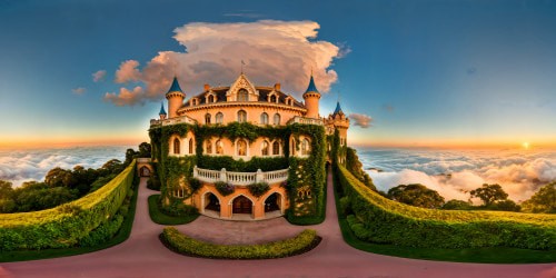 A grand princess's castle enveloped in enchanting mystery, surrounded by regal felines in opulent gardens, intricate balconies, gleaming towers, ivy cascading down, under a soft pastel sunset, unparalleled ultra high-res detail.