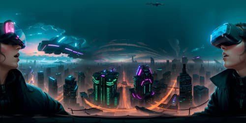 Masterpiece cyberpunk cityscape, VR360 skyline aglow with neon, megastructures piercing smoky skies, mirror-like megascrapers, layered city levels, ultra-high resolution, VR360 encapsulation of towering tech, digital noir-style.