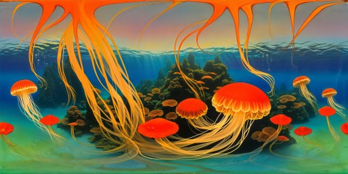 Immersive VR360 experience of a flawless, ultra HD underwater paradise, vibrant coral gardens teeming with life, elegant jellyfish floating gracefully amidst pearly bubbles, radiant sun rays illuminating the depths in a luminescent masterpiece of unreal quality.