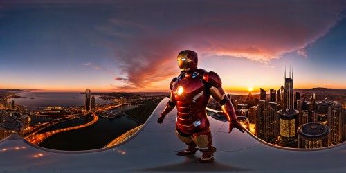 A futuristic, gleaming Ironman suit glowing with vibrant energy, reflecting an epic cityscape in the flawless metallic surface, under a stunning crimson sunset sky, ultra high resolution.