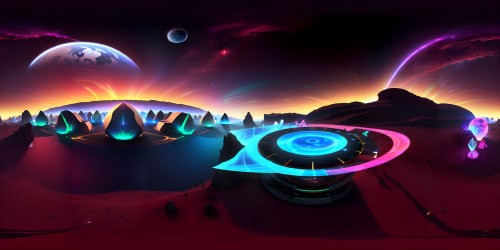 Masterpiece, VR360 Martian landscape, towering red rocks, crater expanse, optical illusion of thin atmosphere. Star-studded black sky, blue sunset glimmers, ultra-high resolution. Digital painting style finesse, light-shadow interplay. VR360 vista, surreal Martian beauty heightened.